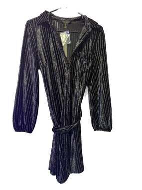 House of Harlow 1960 Black Metallic Striped Velvet Mini Shirt Dress